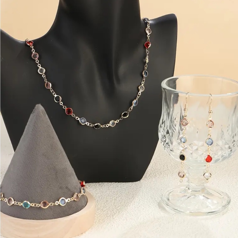 Multicolor Glass Stone Necklace and Earring Set - Women Jewelry